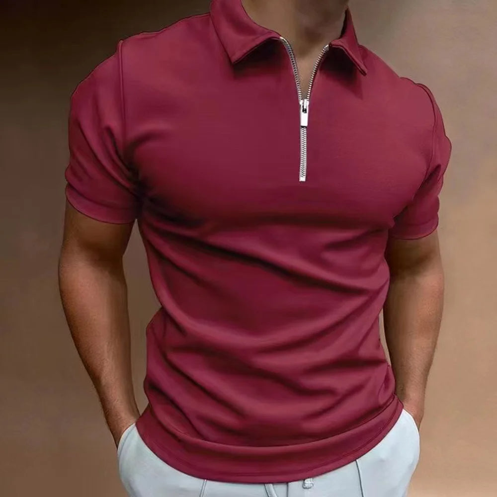 Close-up of men's zip collar polo shirt, showcasing the modern zipper detail & tailored neck style.