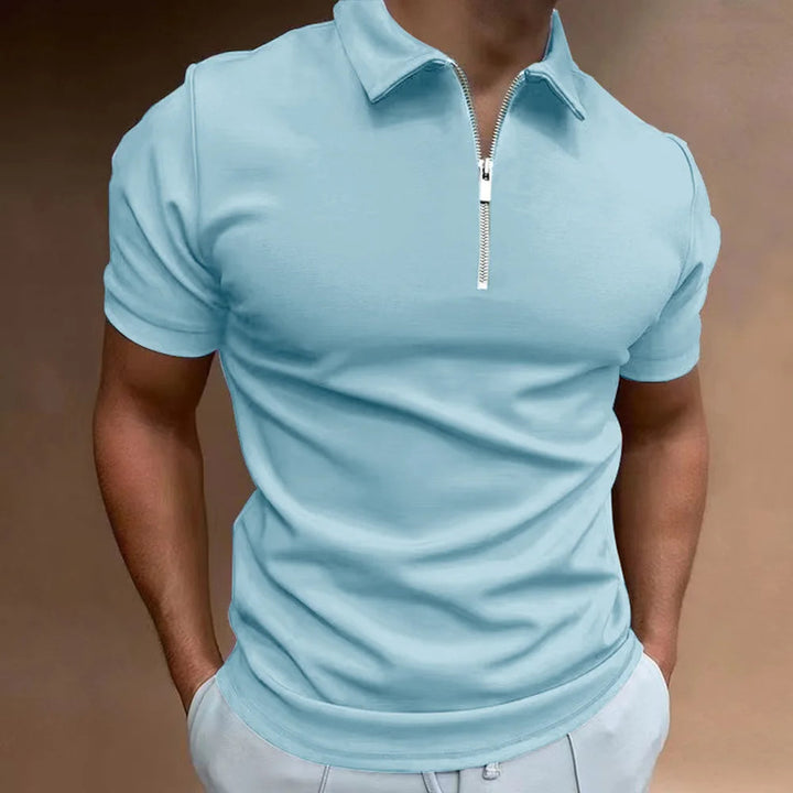 Man wearing a versatile short sleeve zip collar polo, ideal for modern casual fashion & tailored comfort.