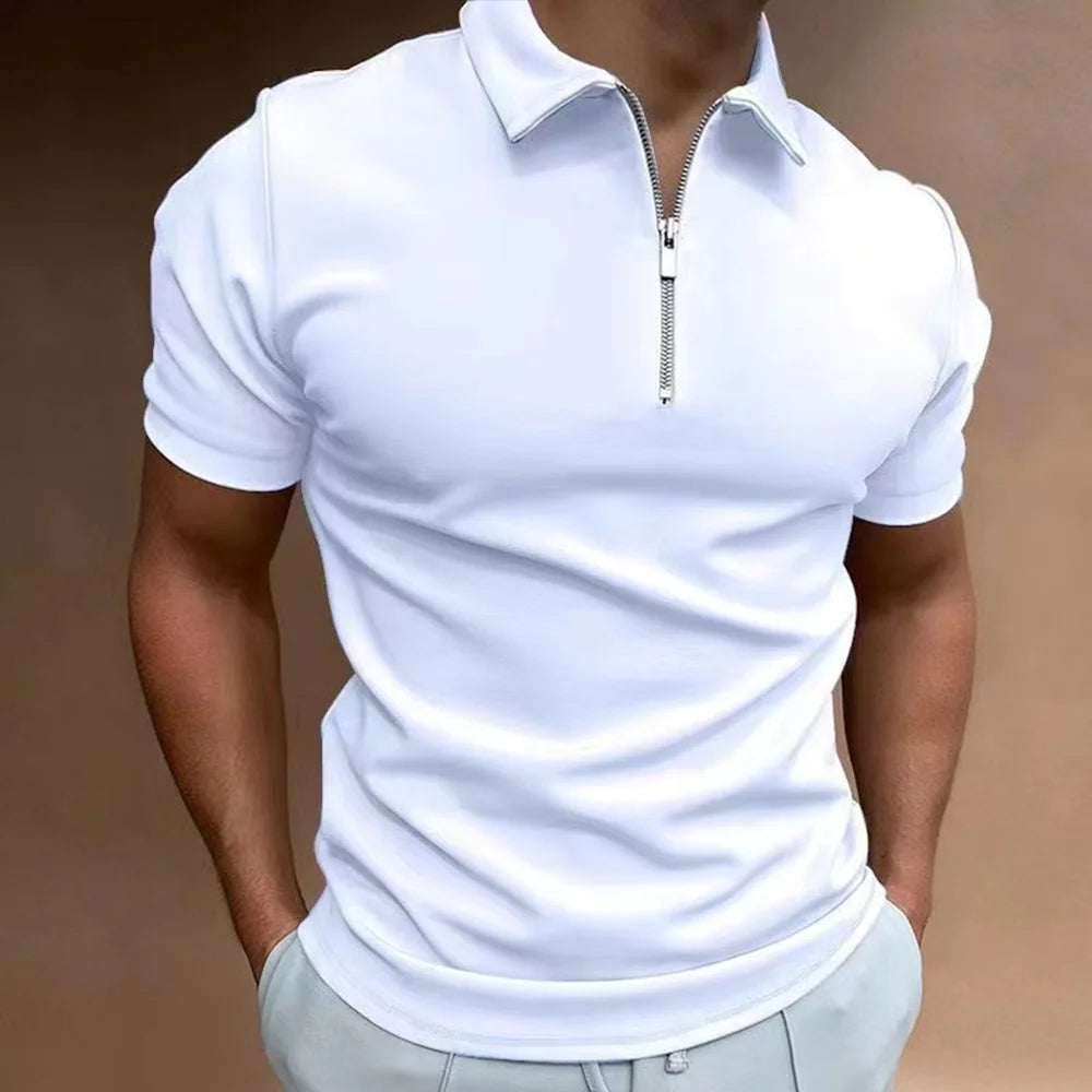 Back view of a tailored men's zip collar polo, showcasing its modern fit & sophisticated casual design.