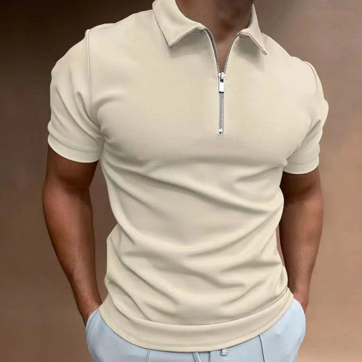 Detail of a men's short sleeve zip collar polo, emphasizing the sleek modern design and quality stitching.