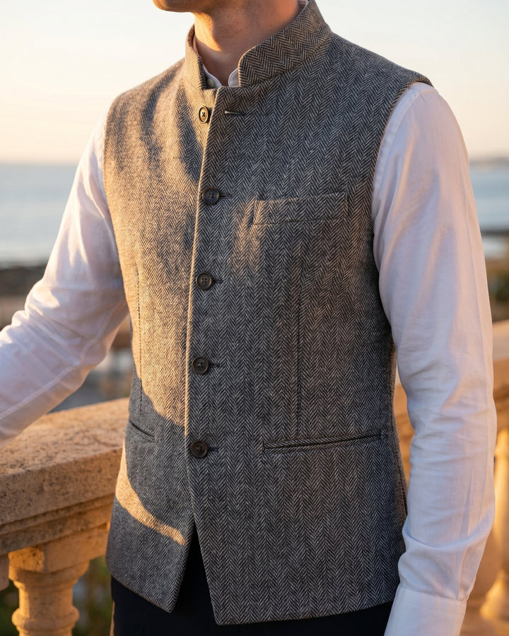 Versatile men's waistcoat, its mandarin collar adds a modern touch to smart & casual outfits.