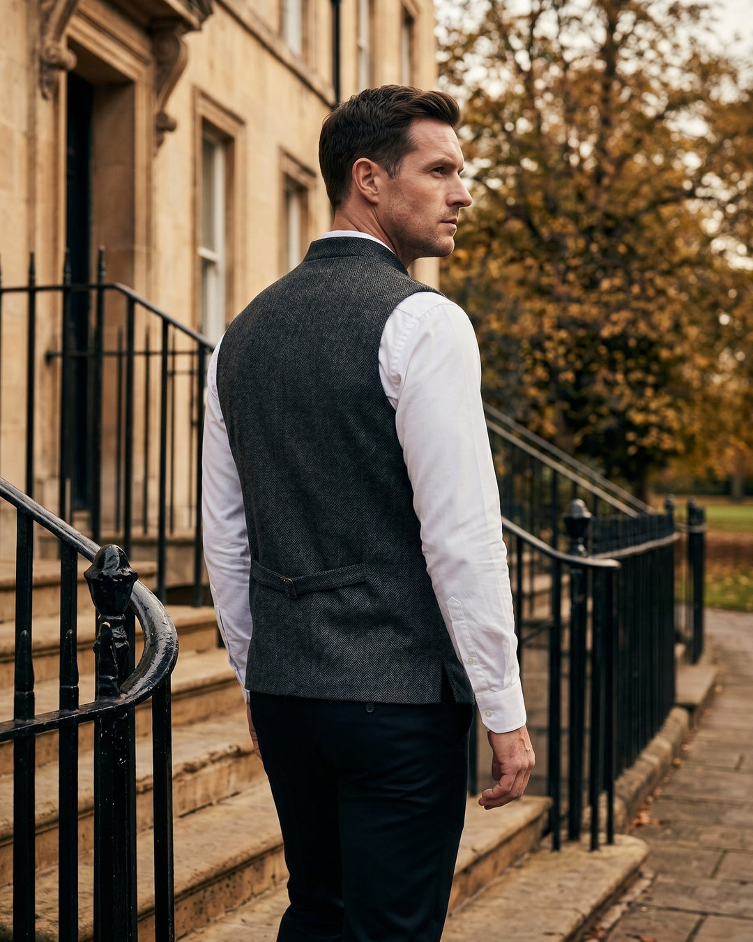 Tailored men's mandarin collar vest, perfect for layering sophisticated and refined ensembles.