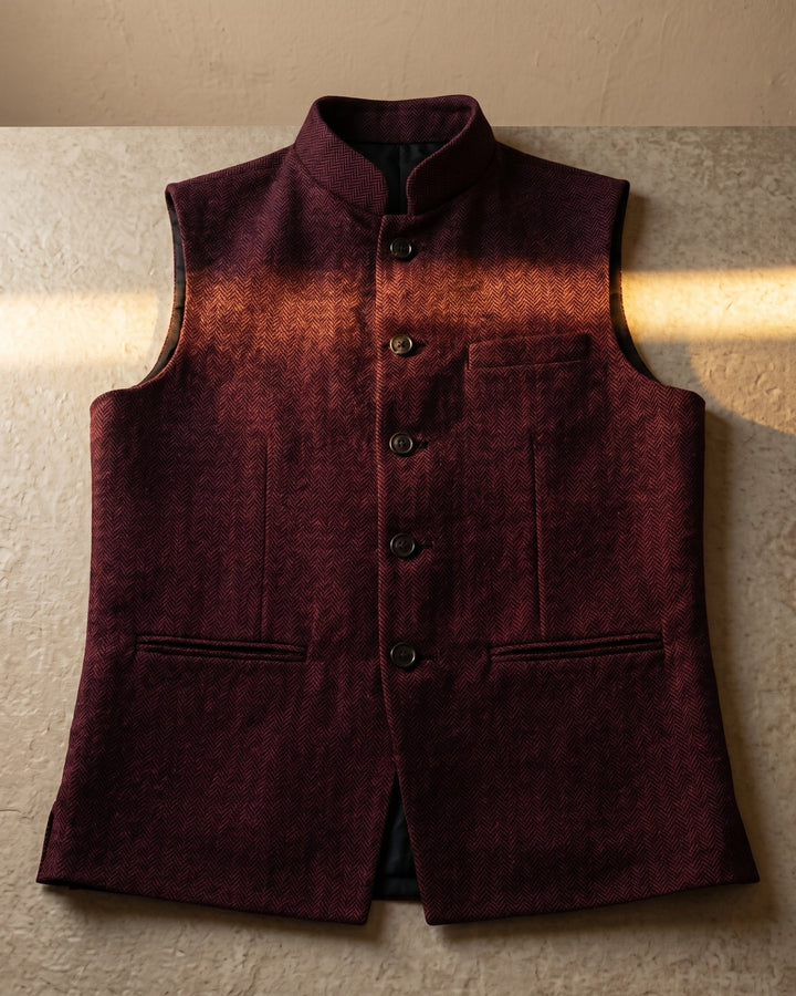 Men's sleek mandarin collar waistcoat, offering a modern and sophisticated formal wear option.