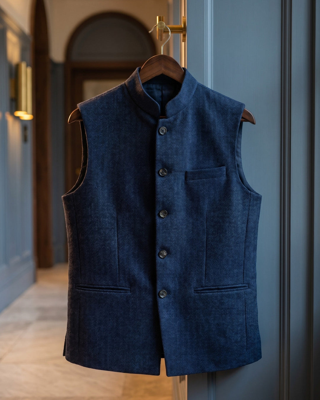 Refined menswear: A modern mandarin collar waistcoat, perfect for achieving an elegant layered look.