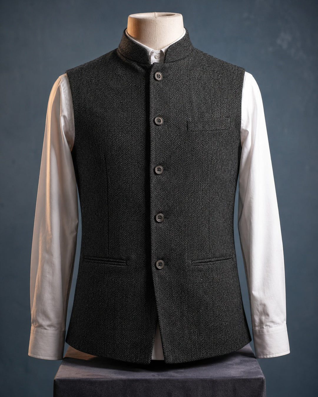 Versatile men's mandarin collar waistcoat, ideal for layering sophisticated menswear styles.