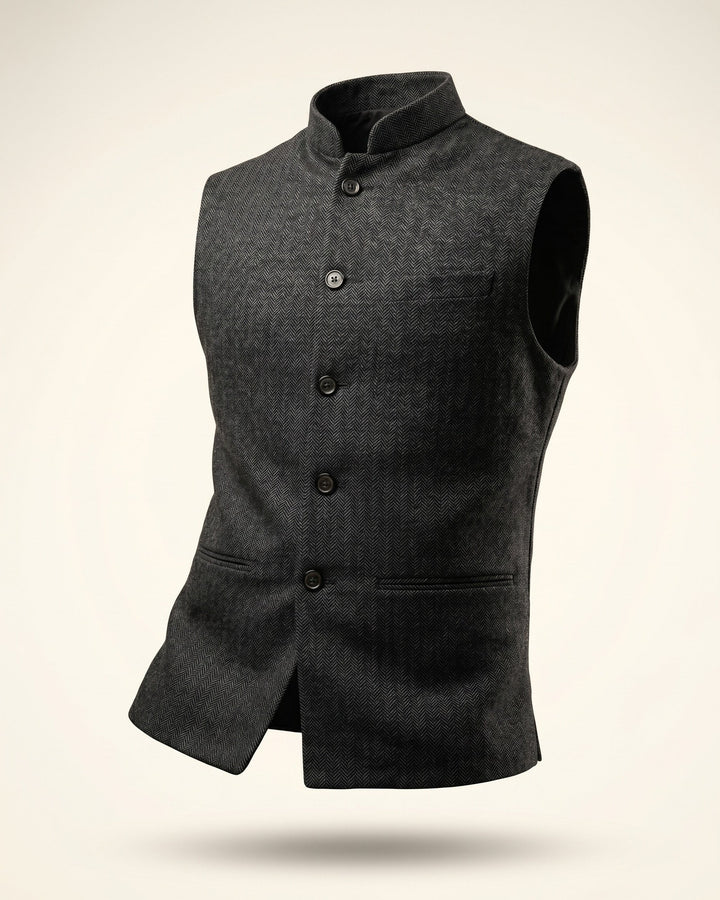 Men's modern waistcoat with mandarin collar, offering a sharp, tailored and versatile style.