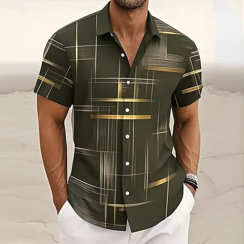 Comfortable men's short-sleeve patterned button-up shirt, ideal for everyday casual wear.