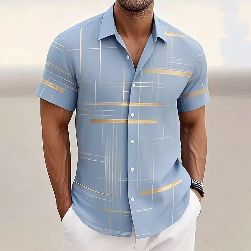 Stylish men's button-up short-sleeve shirt with a modern pattern, versatile for various occasions.