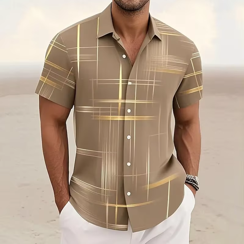 Contemporary menswear: a modern patterned short-sleeve button-up shirt, great for smart casual wear.