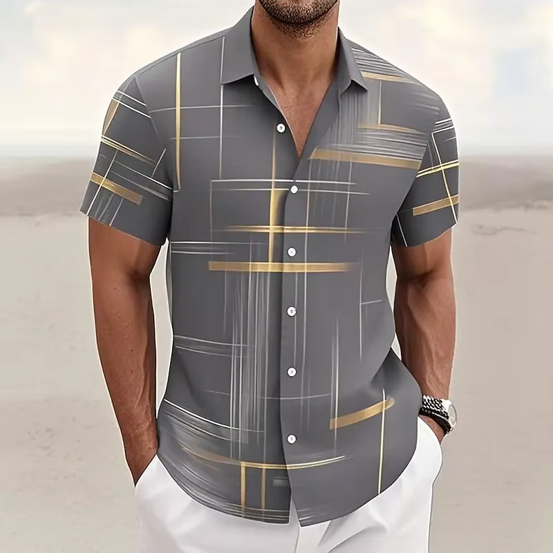 Soft, comfortable men's short-sleeve patterned shirt with a modern button-up design for summer.