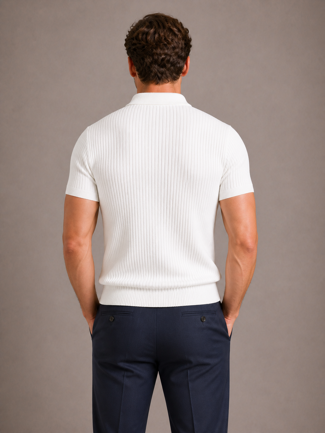 Men's sleek ribbed zip polo, a sophisticated short sleeve top enhancing any casual or smart casual outfit.
