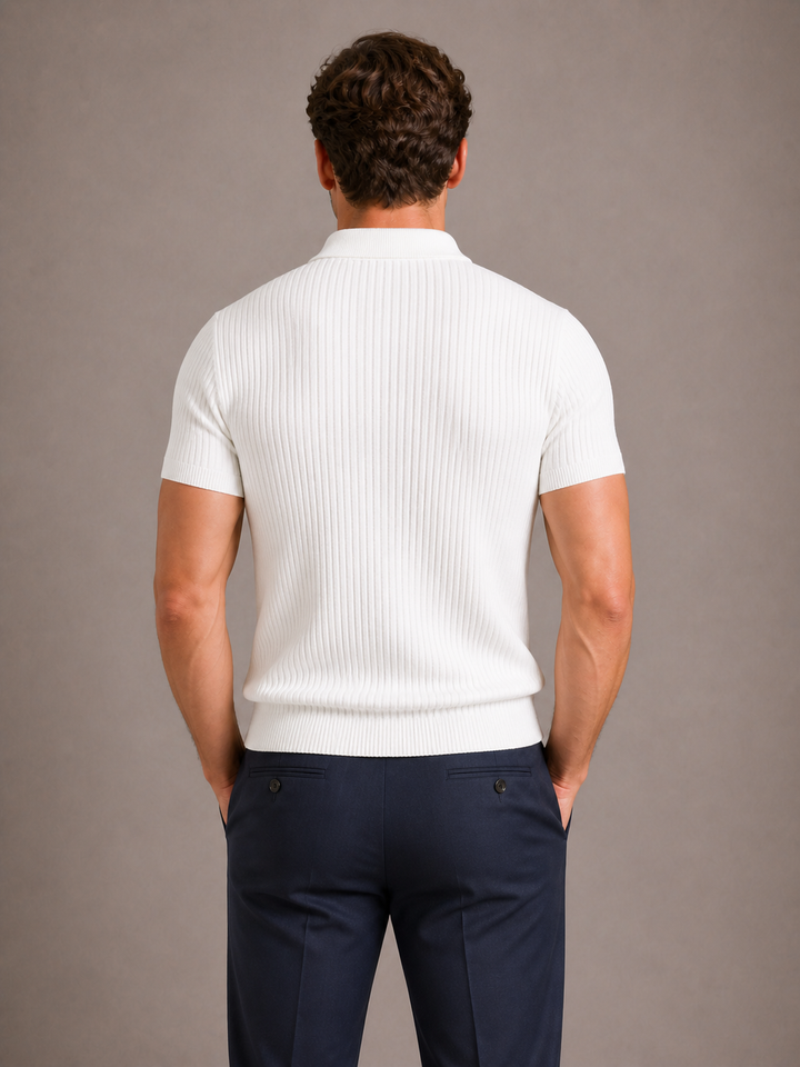 Men's sleek ribbed zip polo, a sophisticated short sleeve top enhancing any casual or smart casual outfit.