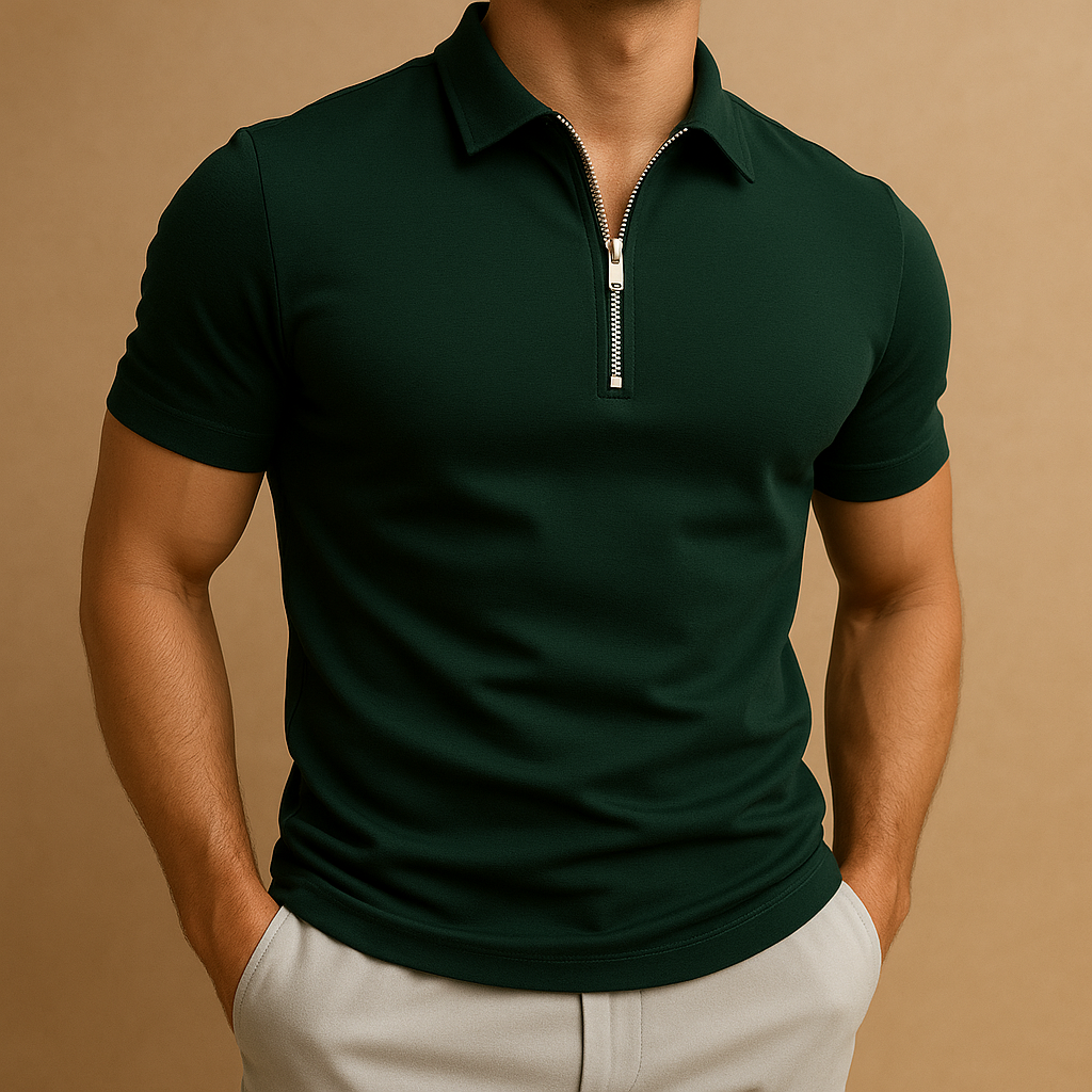 Breathable men's zip polo shirt in a comfortable fabric, suitable for versatile everyday fashion and comfort.