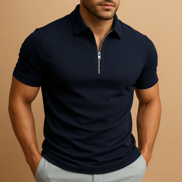 Front view of a men's zip polo shirt, emphasizing its modern design and slim fit for contemporary fashion.