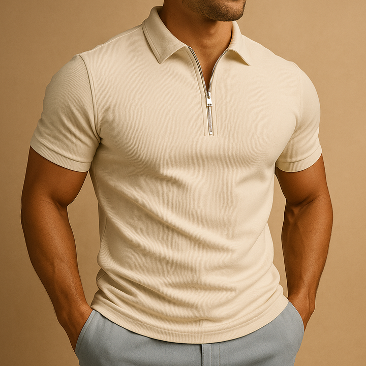 Detail of the zip collar on a men's smart casual polo shirt, highlighting its unique and modern feature.