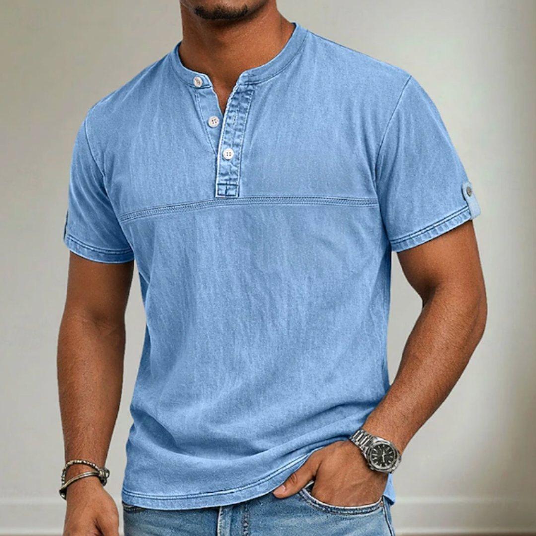 Stylish men's short sleeve Henley with a unique stand collar & button placket, perfect for modern casual looks.