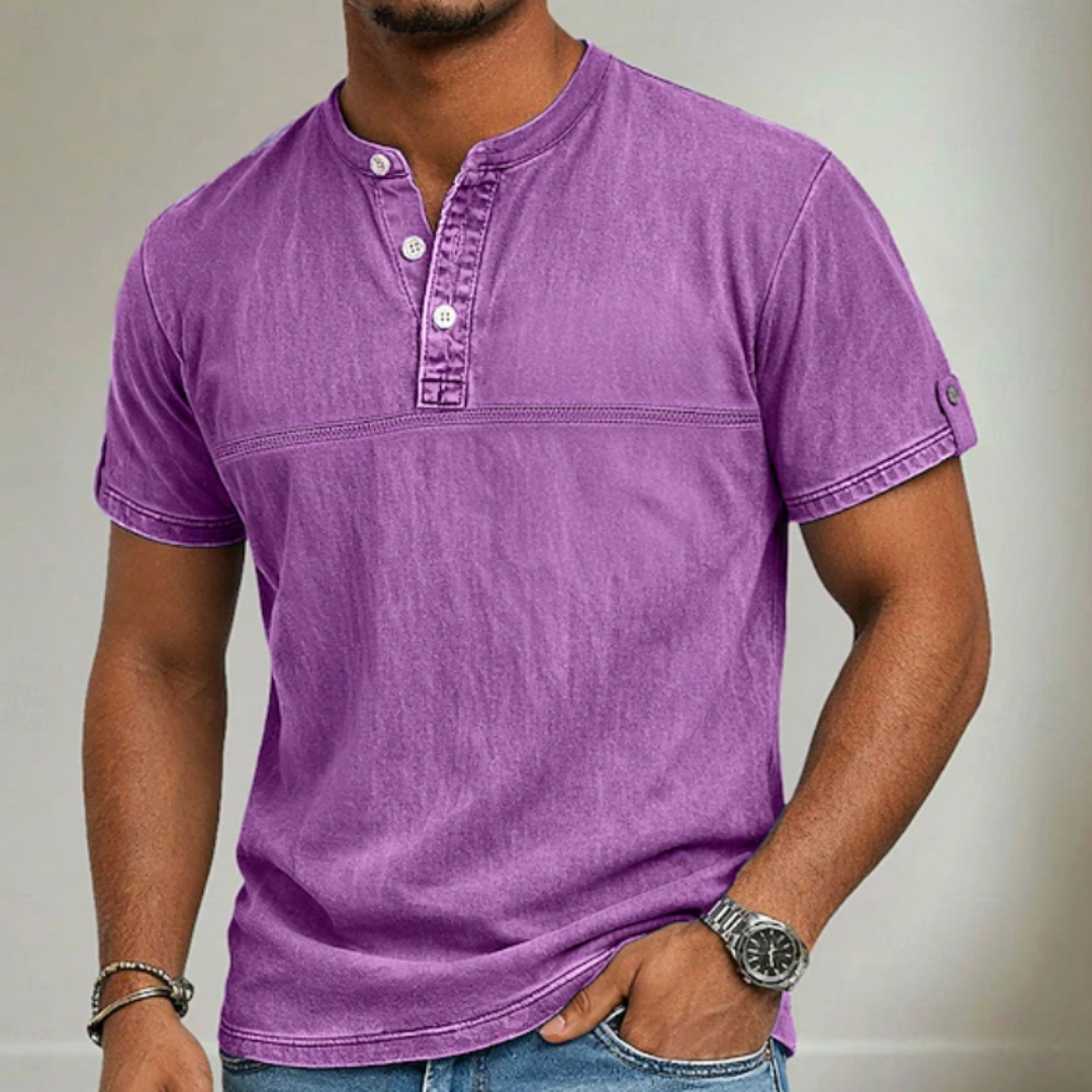 Versatile men's summer Henley shirt; short sleeve with a stand collar, ideal for everyday casual wear.