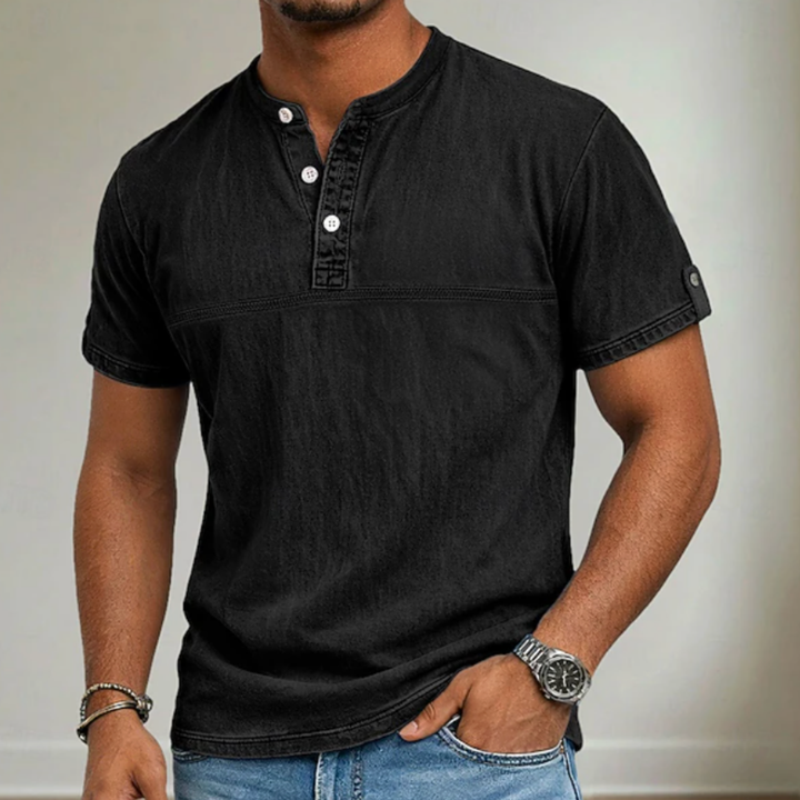 Classic men's short sleeve Henley in a breathable fabric with a stand collar for summer comfort.