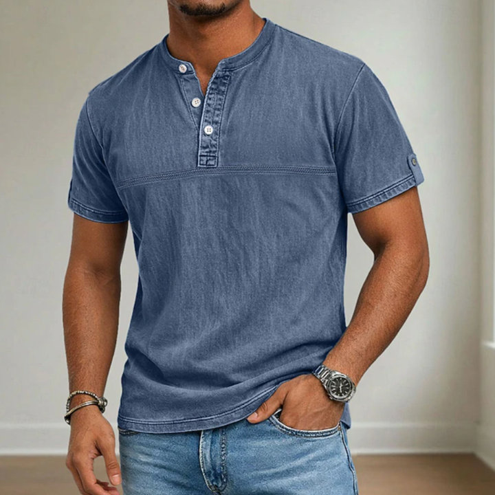 Modern men's short sleeve stand collar Henley shirt. A stylish top for versatile everyday casual outfits.