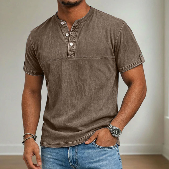 Men's stand collar short sleeve Henley shirt. Casual, modern, and versatile for summer menswear.
