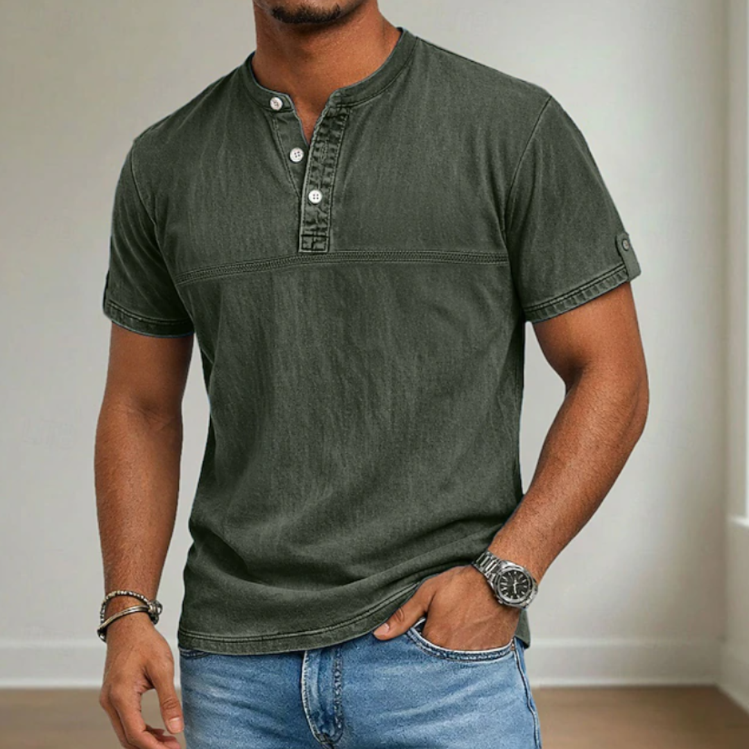 Stylish men's short sleeve Henley with a stand collar and relaxed fit, a staple for modern casual wardrobes.