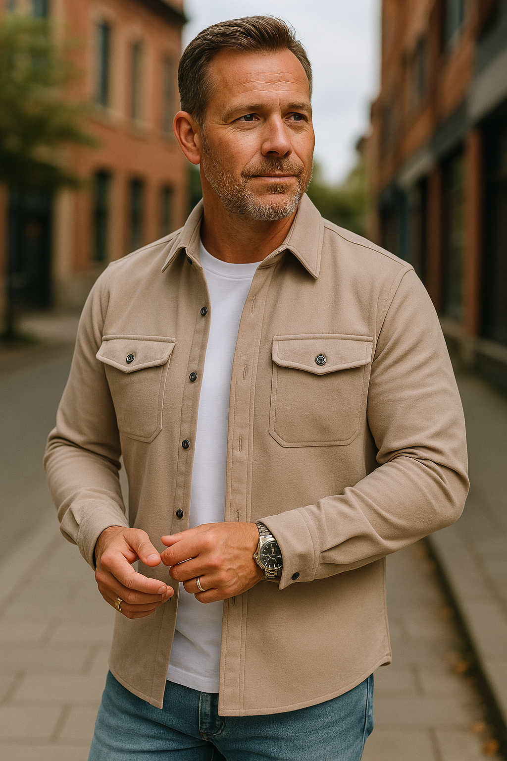 Formal men's collared button-down dress shirt for business casual or sophisticated formal occasions.