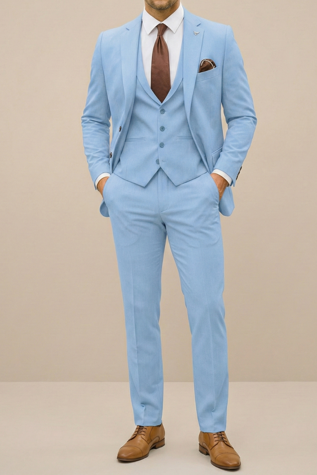 Men's modern three-piece suit set, perfect for spring weddings, business, or formal events. Tailored fit.