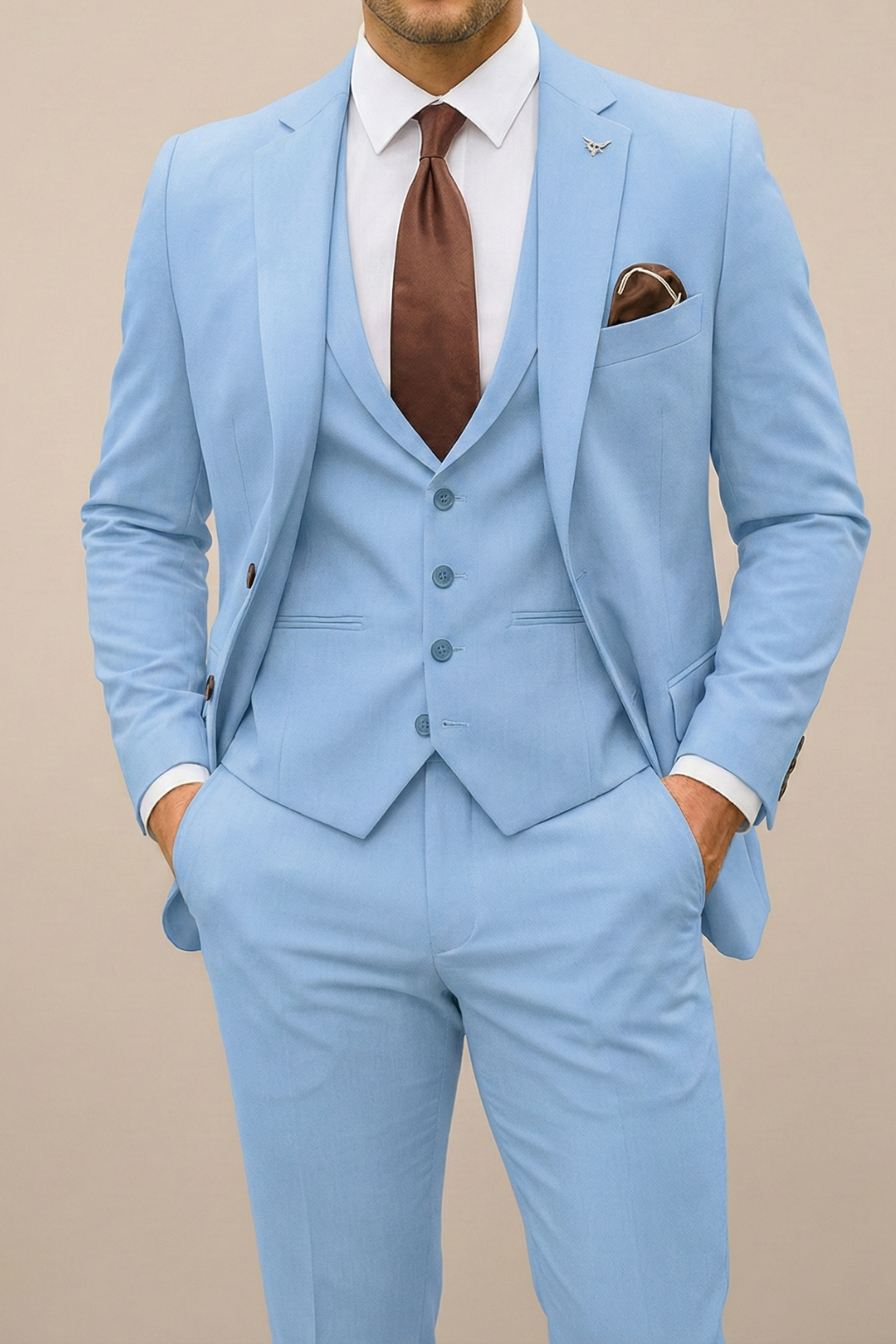 Elegant men's three-piece suit in a modern style for spring. Ideal for business attire & special occasions.