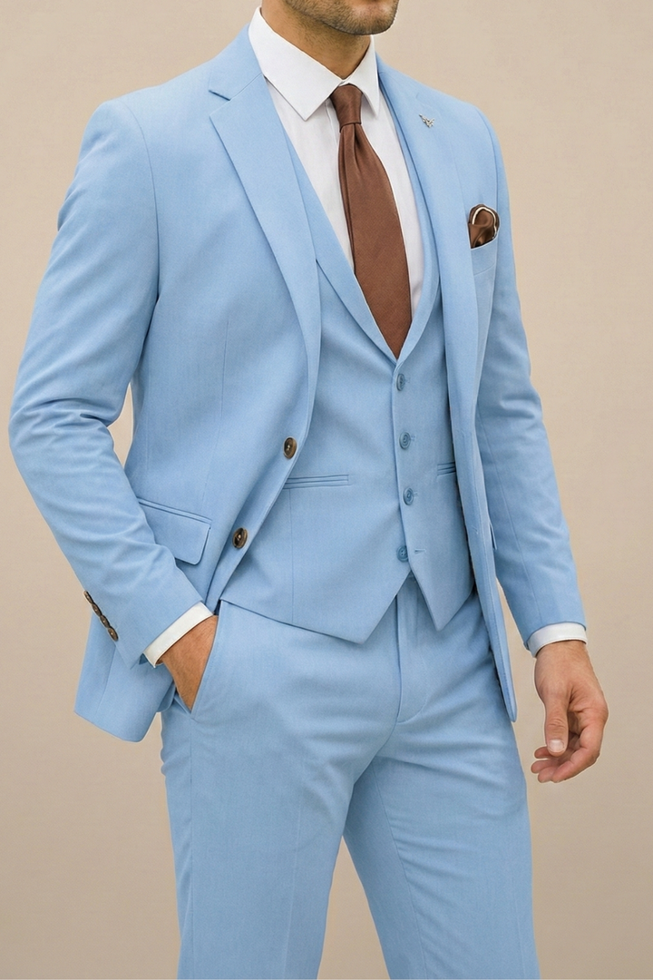Stylish men's tailored three-piece suit, a versatile spring fashion choice for formal wear & weddings.