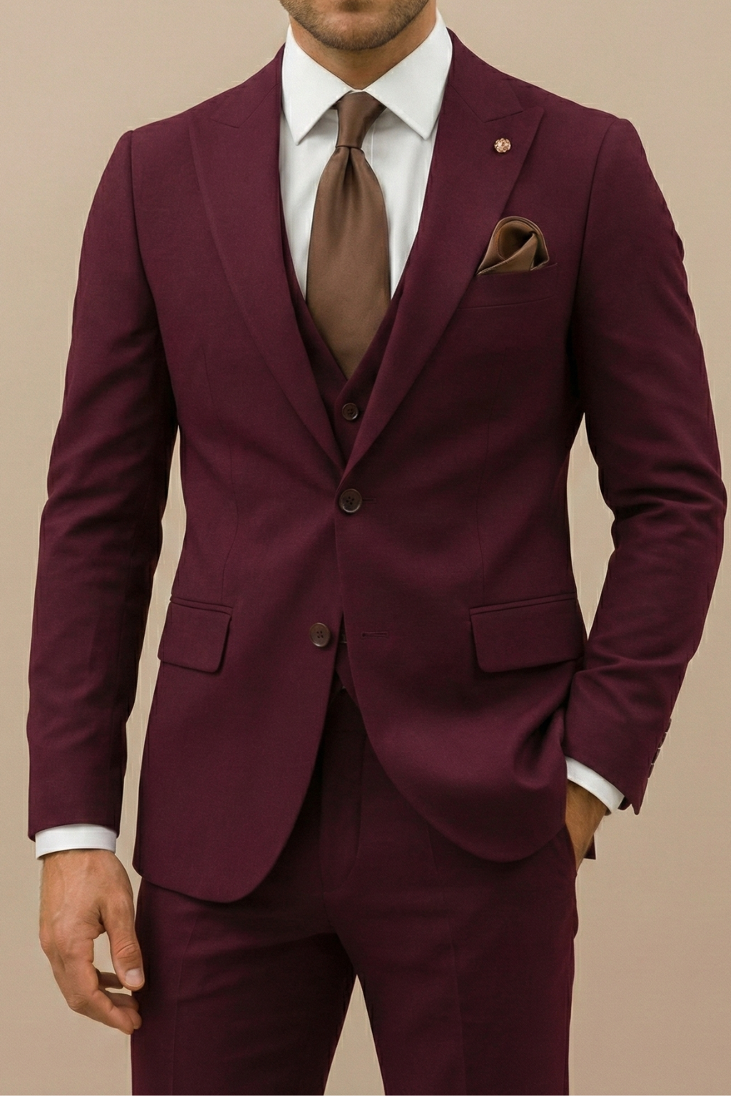 Dapper men's spring three-piece suit. Modern design, ideal for wedding guests, business, or special occasions.