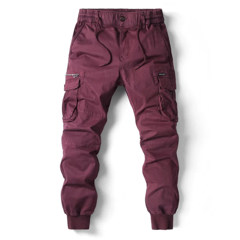 Men's multi-pocket cargo joggers, tapered fit streetwear utility trousers.