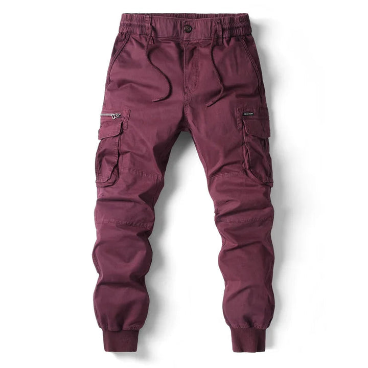 Men's multi-pocket cargo joggers, tapered fit streetwear utility trousers.