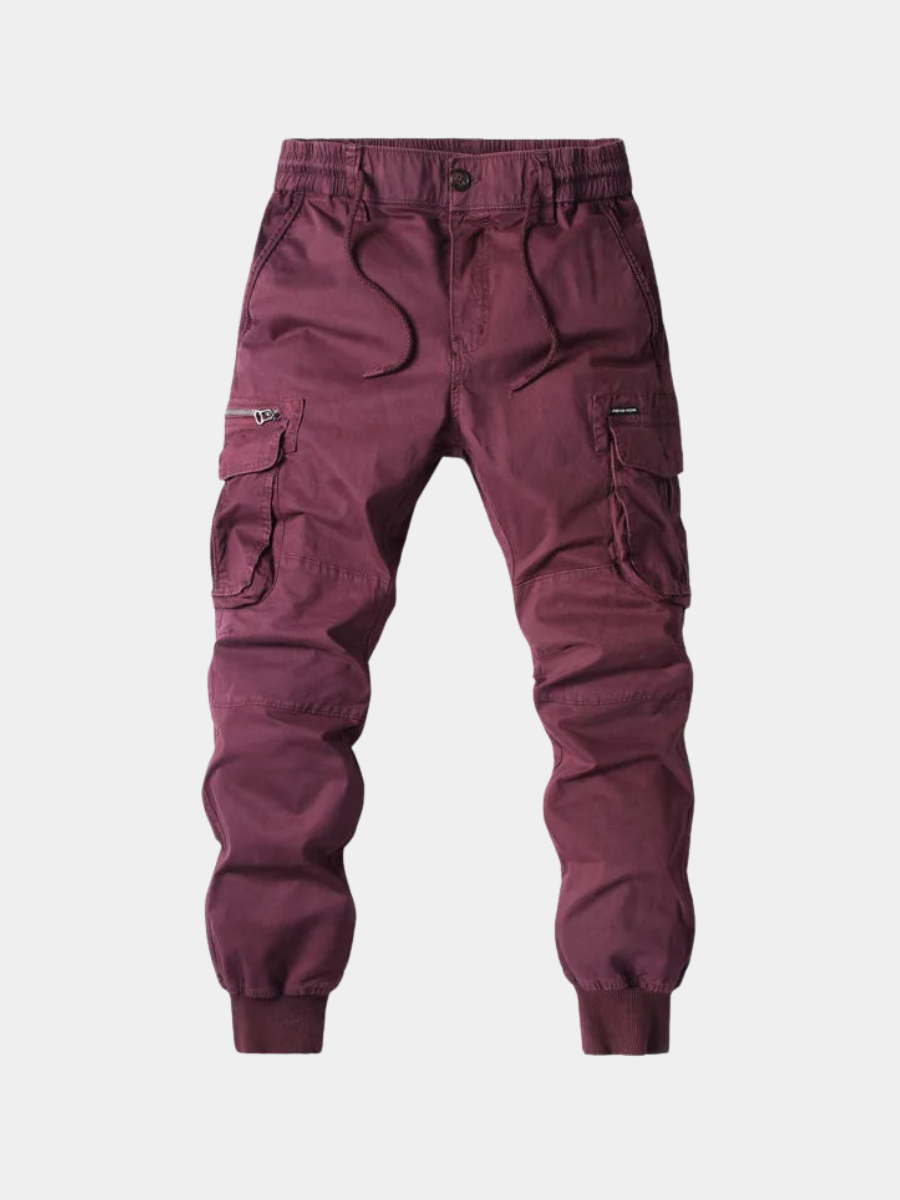 Men's multi-pocket cargo joggers, tapered fit utility trousers for streetwear & casual comfort.
