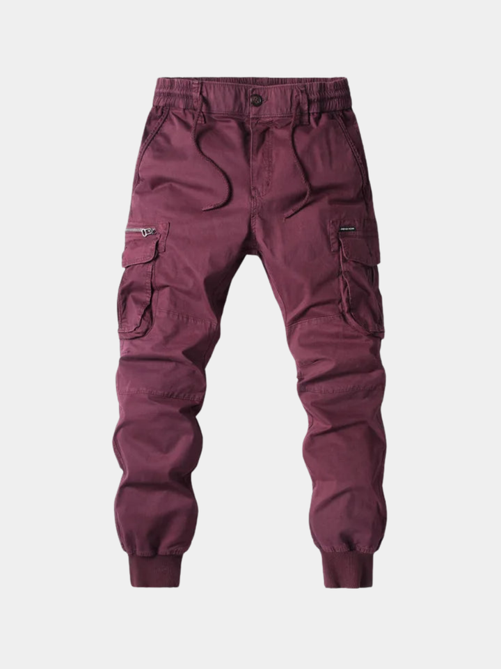 Men's multi-pocket cargo joggers, tapered fit utility trousers for streetwear & casual comfort.