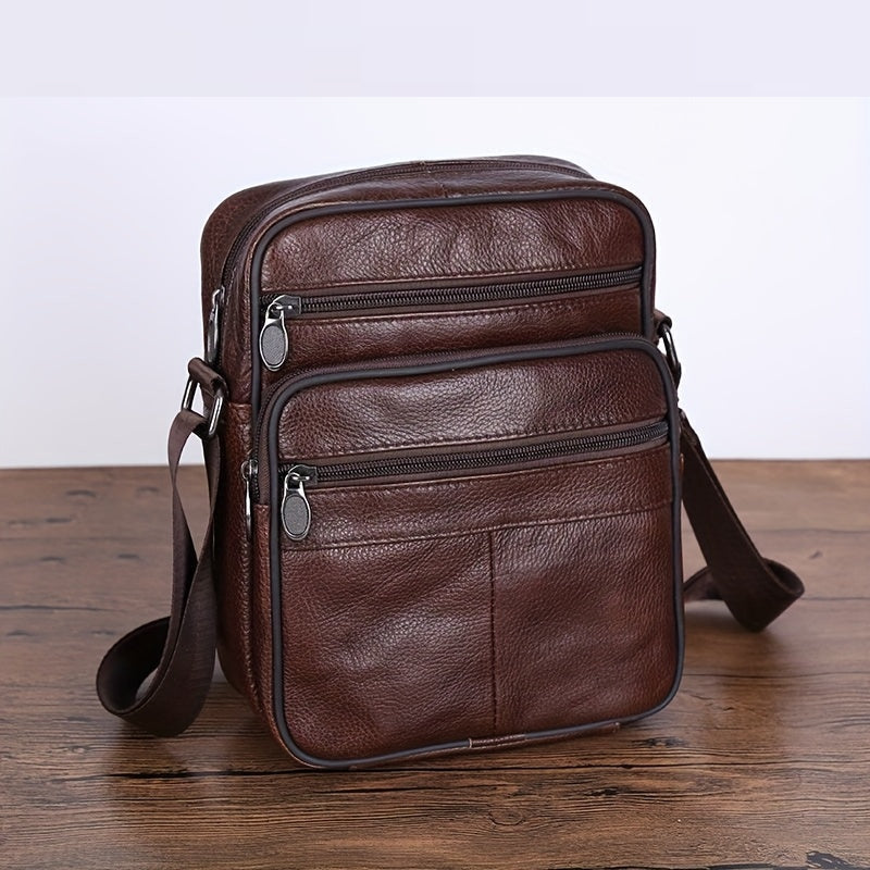 Black textured synthetic leather men's multi-pocket crossbody shoulder bag for essentials.