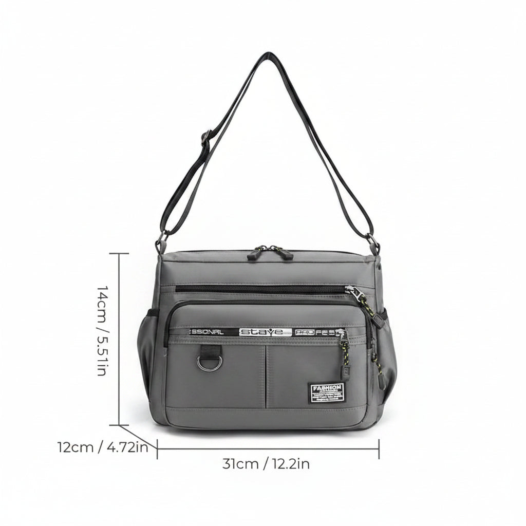 Modern men's multi-pocket crossbody messenger bag, sleek & waterproof for travel or daily use.