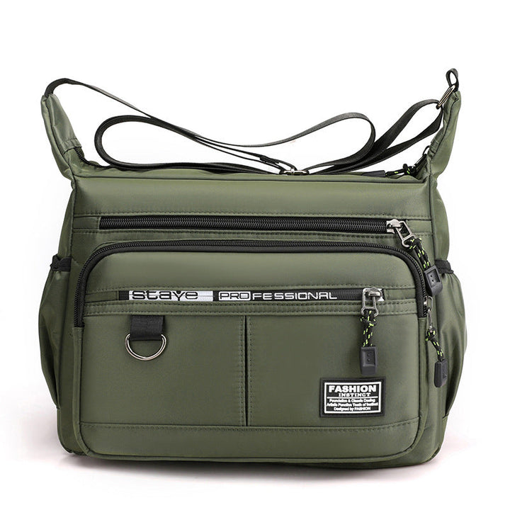 Back view of men's multi-pocket crossbody messenger bag, adjustable strap for versatile shoulder wear.