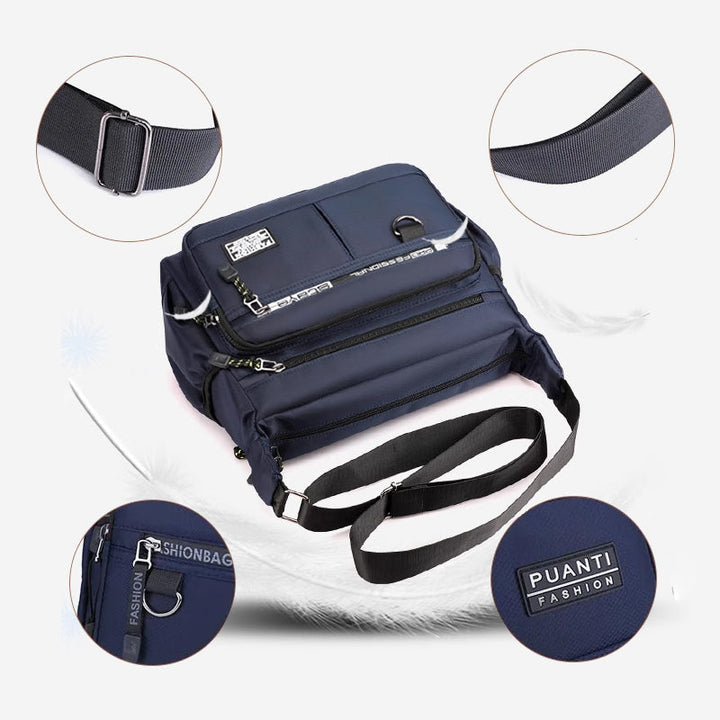 Spacious multi-pocket men's crossbody bag, perfect for organizing essentials. Lightweight & durable.