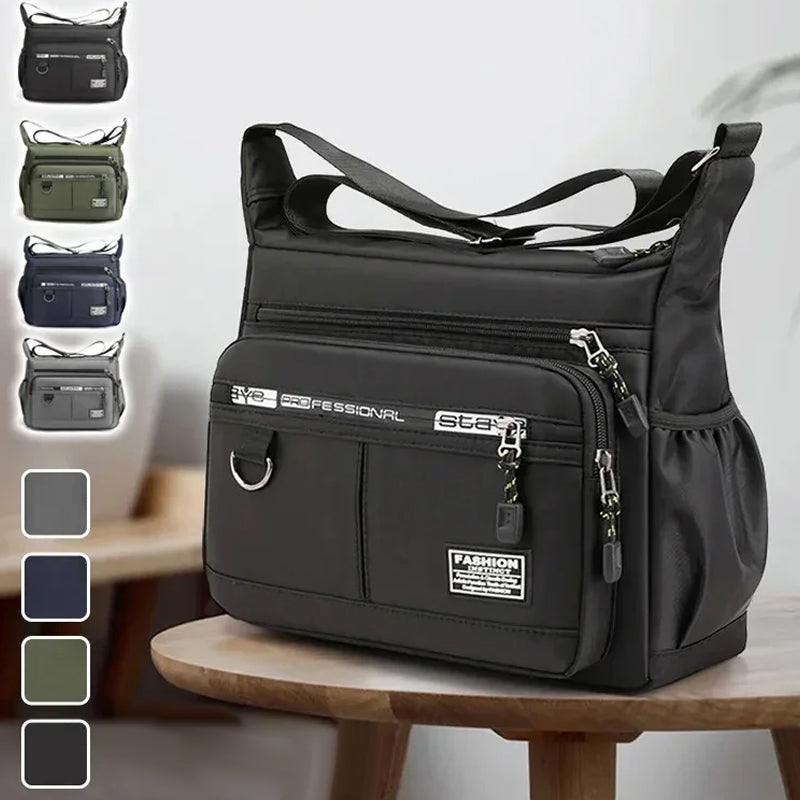 Durable men's shoulder bag, multi-pocket crossbody messenger for practical, waterproof daily carry.