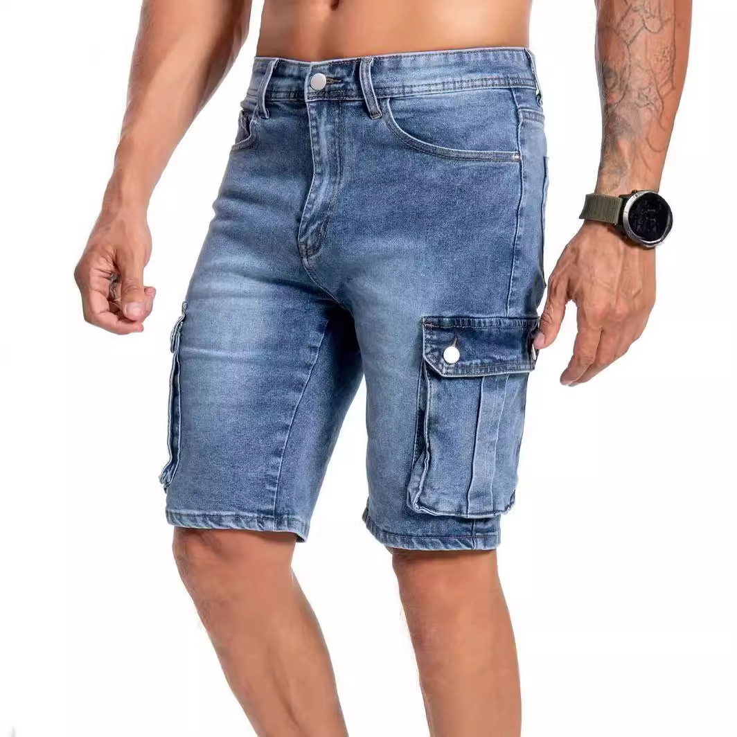 Men's multi-pocket denim shorts, comfortable & durable, perfect for casual wear and outdoor activities.