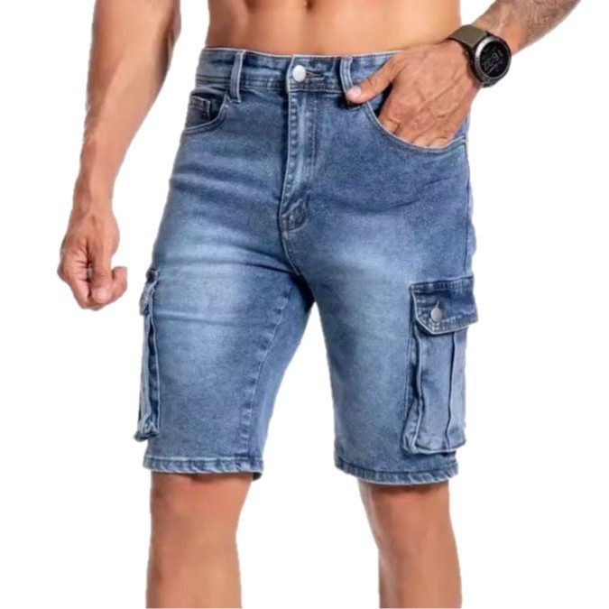 Knee-length men's denim shorts with multiple practical pockets for summer fashion and everyday comfort.