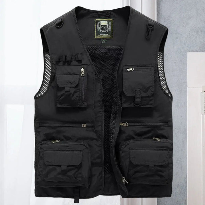 Back view of men's lightweight outdoor gilet, breathable design for hiking and camping.