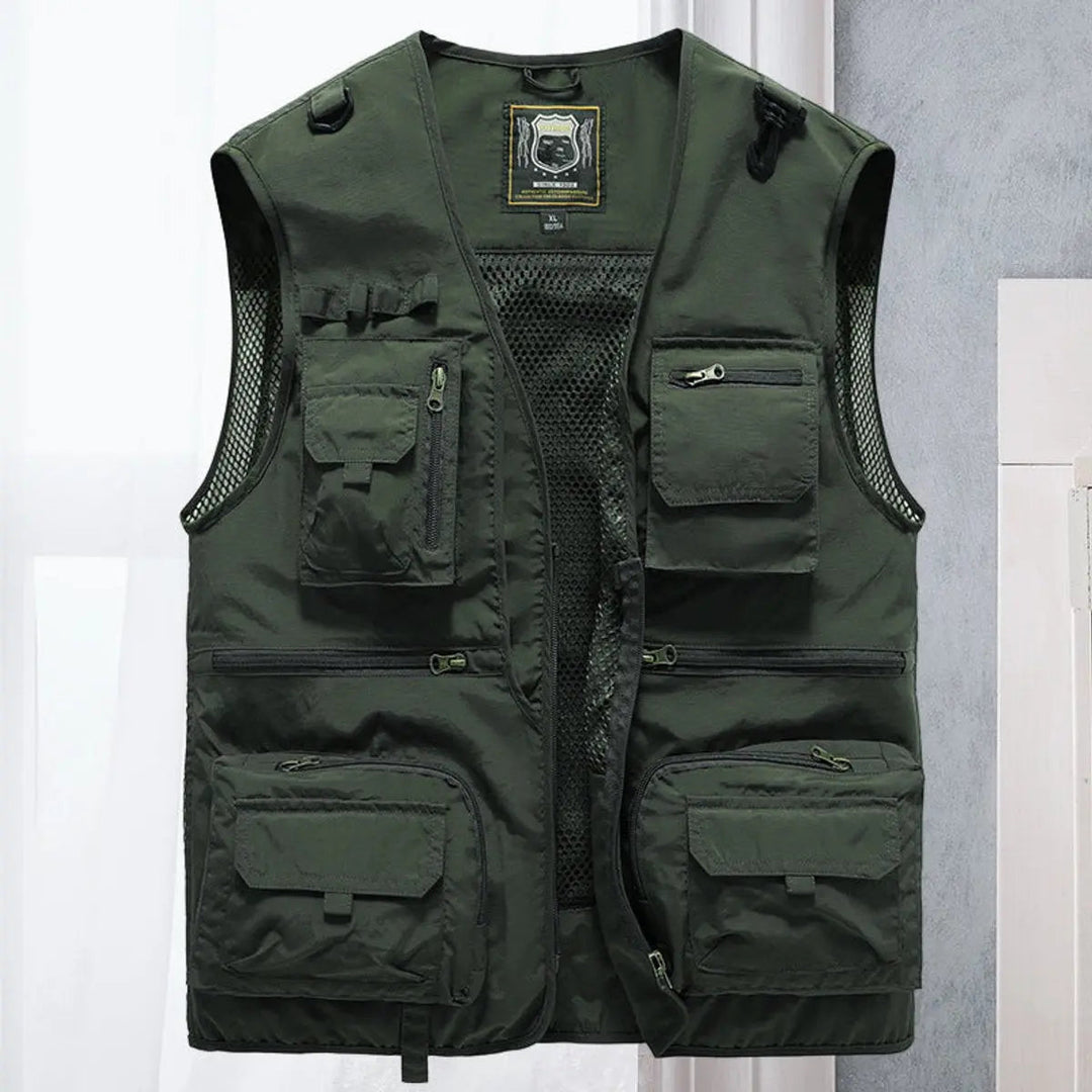 Man wearing lightweight multi-pocket fishing vest outdoors, perfect for active adventures.