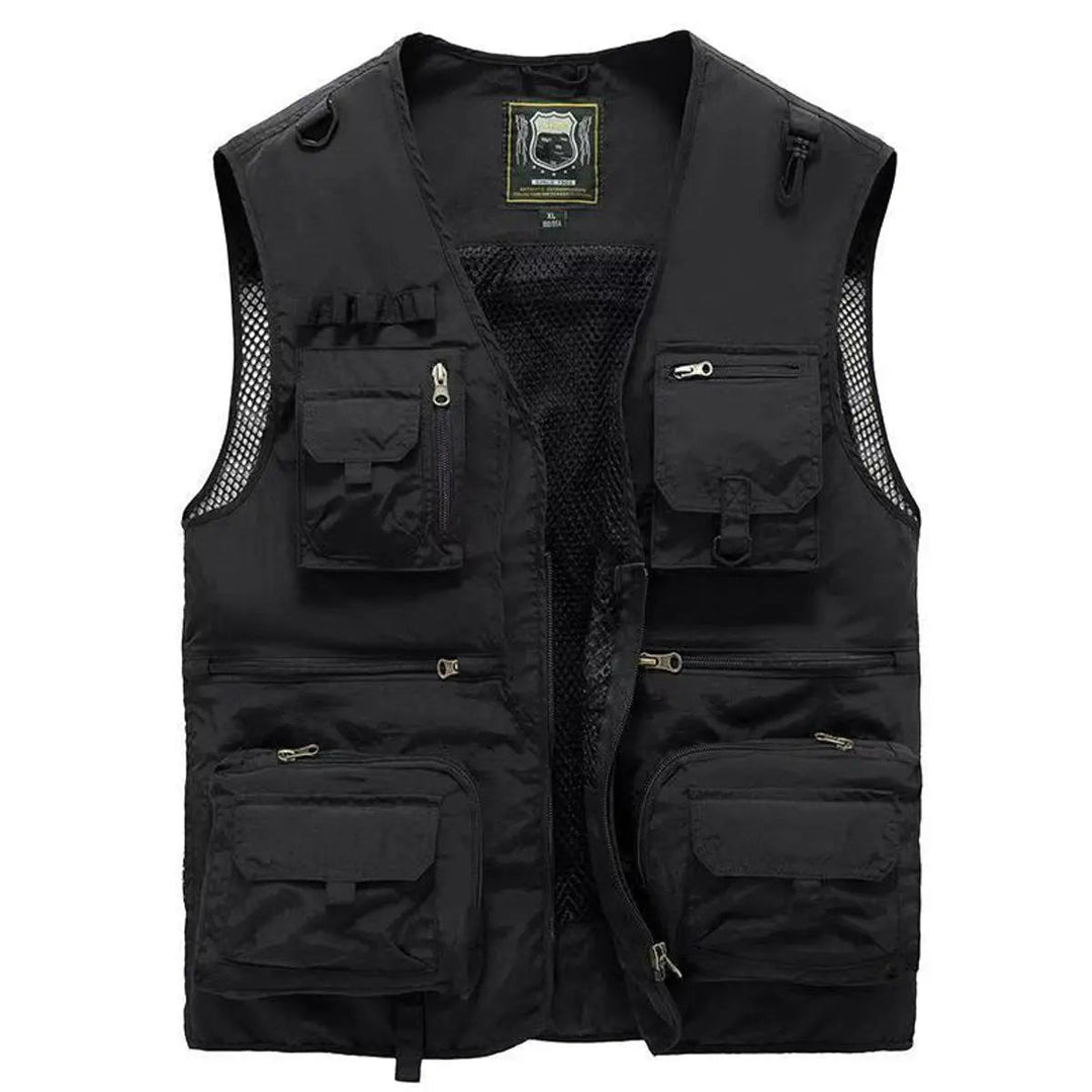 Breathable men's fishing gilet, lightweight multi-pocket design for comfort & utility.