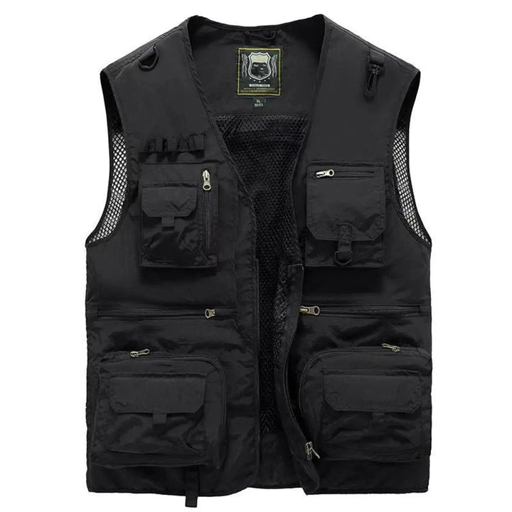 Breathable men's fishing gilet, lightweight multi-pocket design for comfort & utility.