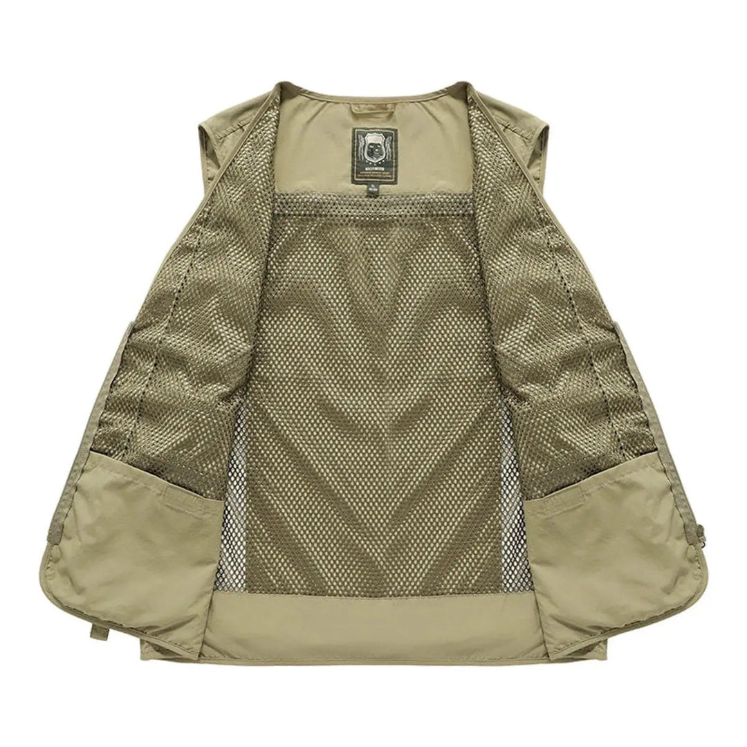 Men's tactical multi-pocket vest, lightweight adventure gear for outdoor activities.