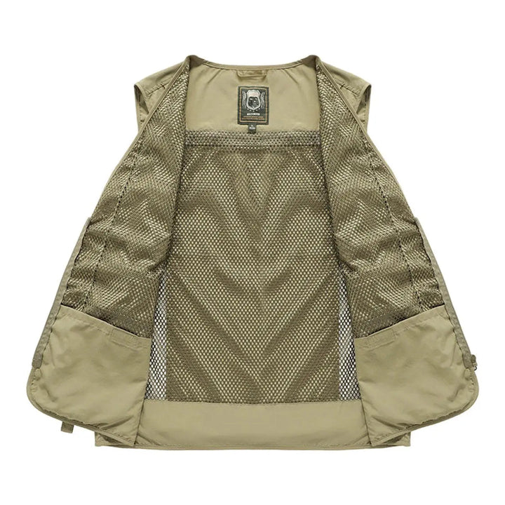 Men's tactical multi-pocket vest, lightweight adventure gear for outdoor activities.
