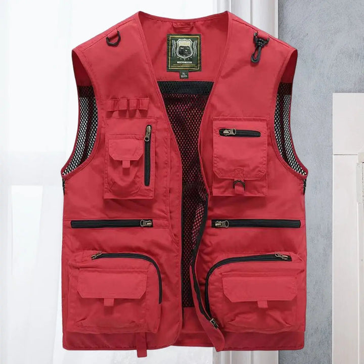 Front view of men's multi-pocket fishing vest, lightweight and breathable for outdoor activities.