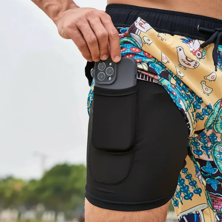 Essential men's multi-print quick-dry swim shorts with performance fit & built-in compression brief.