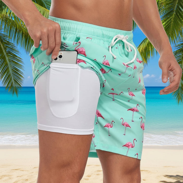Athletic men's multi-print swim shorts. Quick-dry, performance fabric, comfortable compression liner.